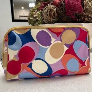 COACH Signature Scarf Cosmetic Bag Multicolor Sateen Leather Rare